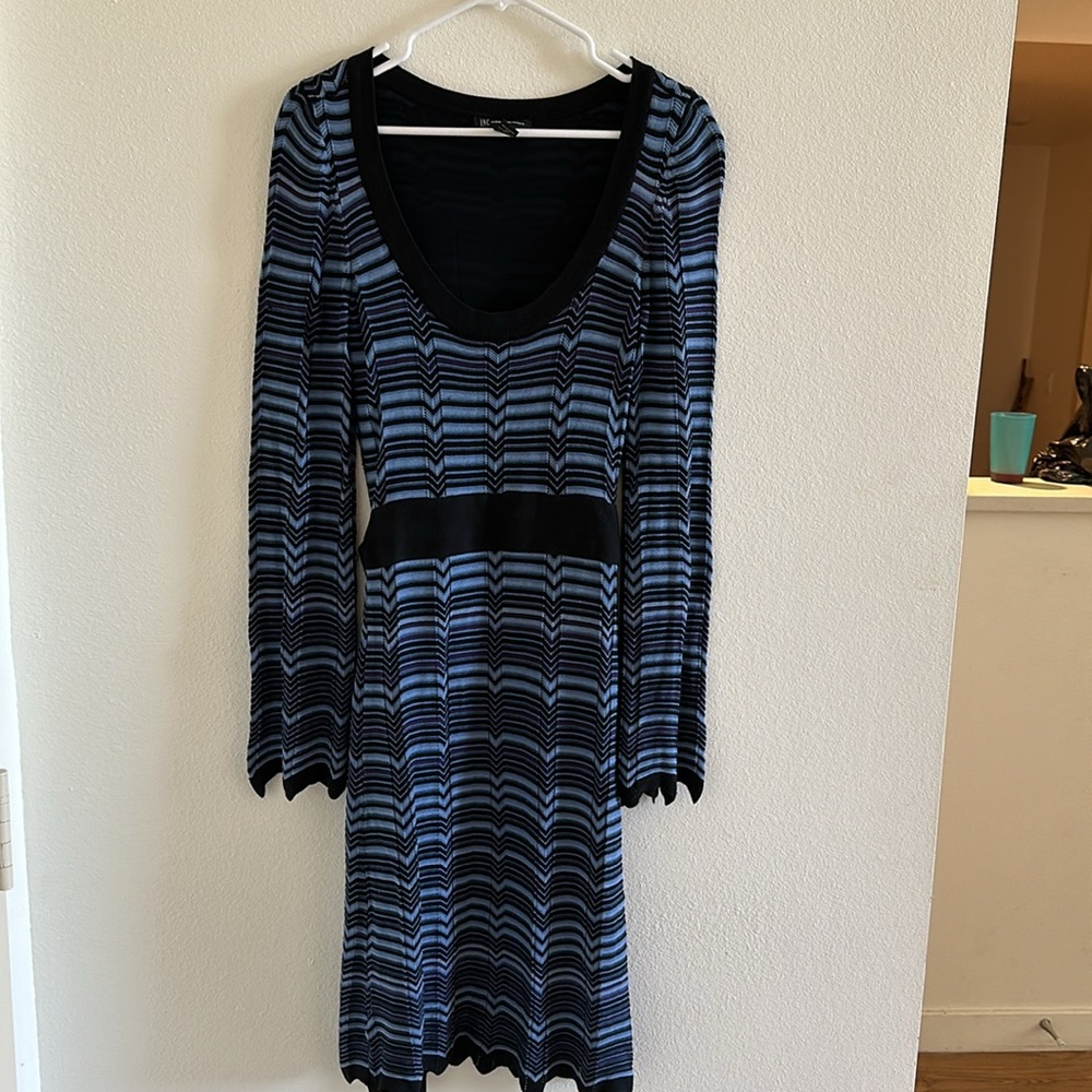 Y2K INC Dress Sweater Silk Blend Scalloped Hem Bell Sleeve Tie Waist Blue M